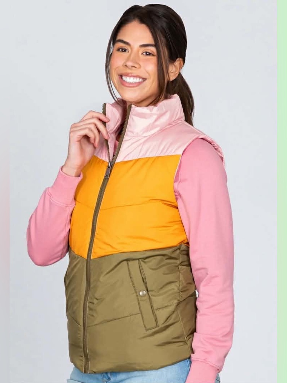 Coco + Carmen Pink, Orange & Olive Colorblock Puffer Vest